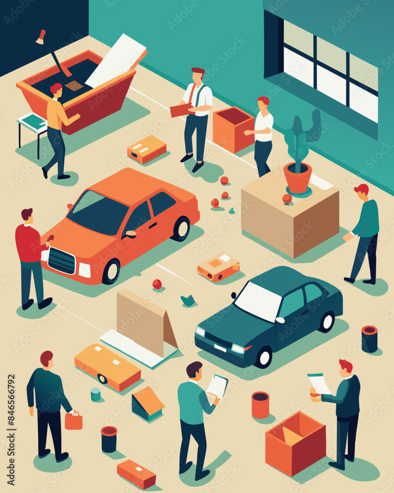 The parking lot once filled with cars is now mostly empty as employees who were laid off clear out their desks and leave for the last time.. Vector illustration The parking lot once filled with cars is now mostly empty as employees who were laid off clear out their desks and leave for the last time.. Vector illustration