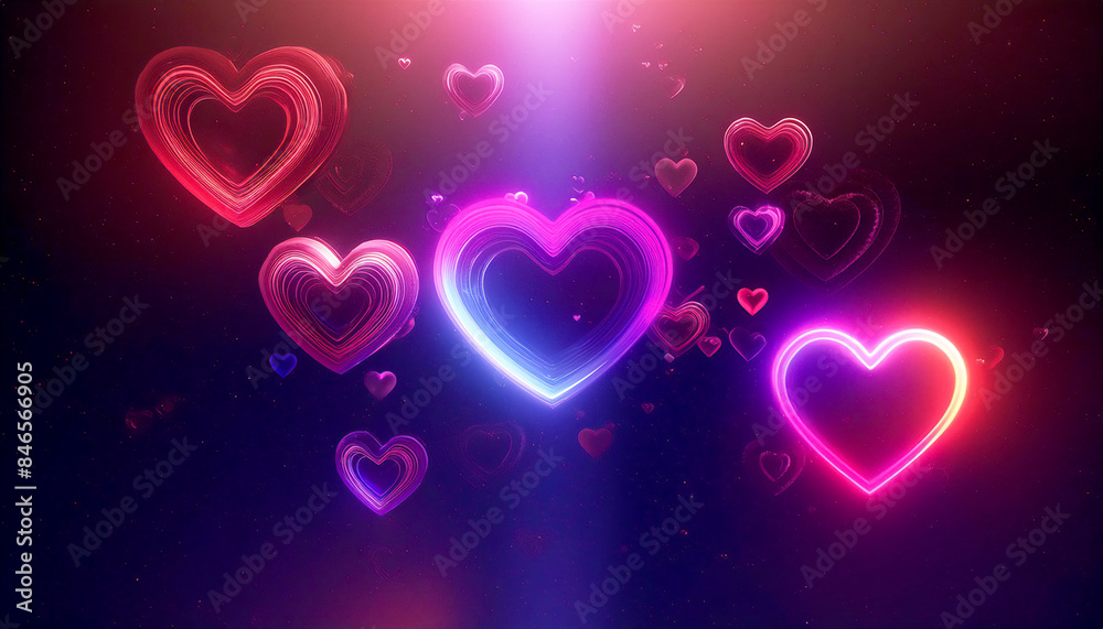 Small purple and red hearts flying on a black background Small purple and red hearts flying on a black background
