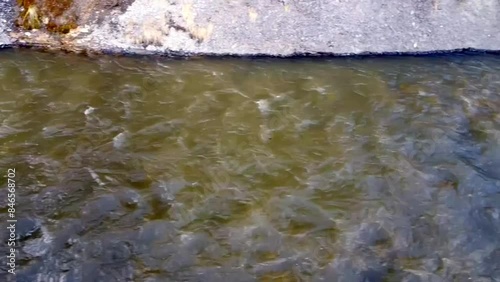 Small river flowing with gravel and other things.