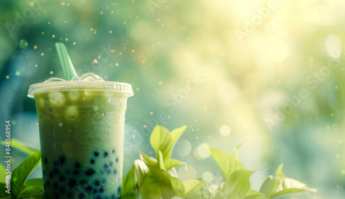 A smoothie or bubble tea, with green tea in the background, tactile landscapes, a solarization effect, and a dotted design.