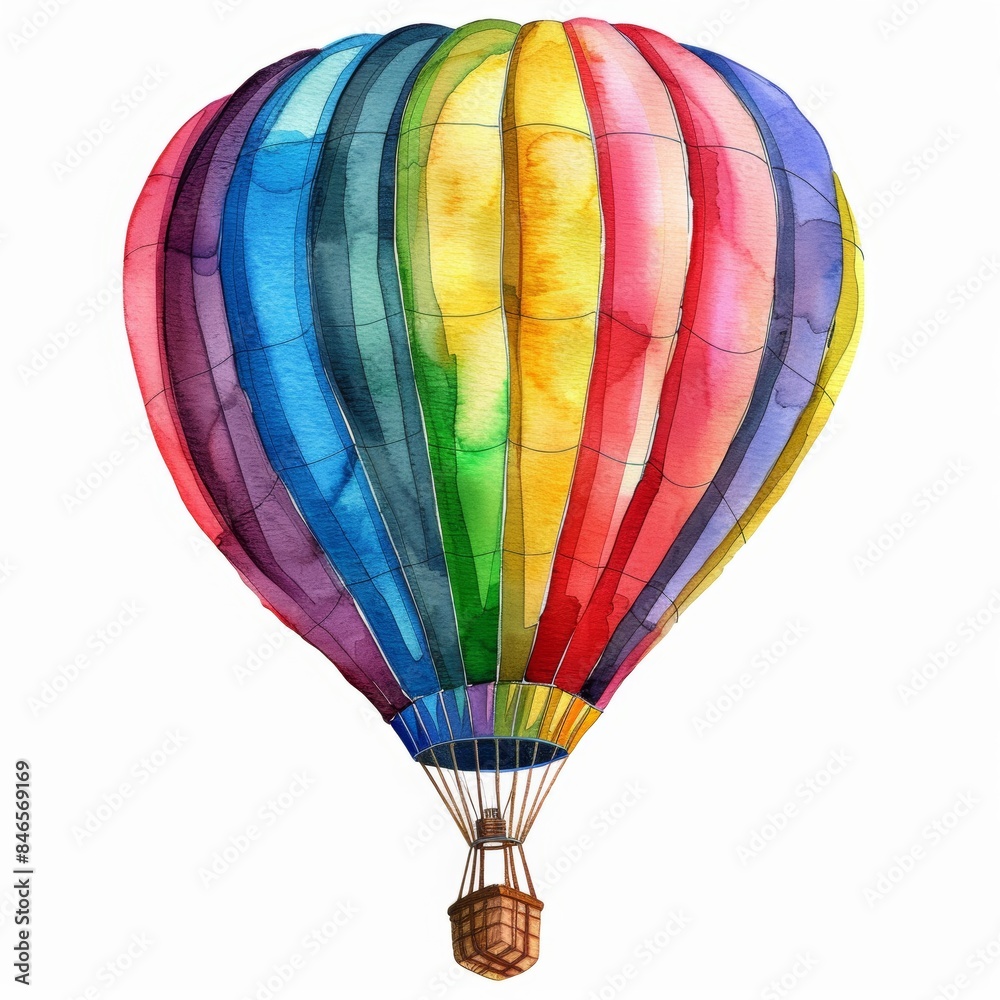 Fototapeta premium Vibrant watercolor clipart featuring a colorful hot air balloon