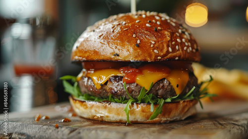 Close-up of a juicy cheeseburger with melted cheese, lettuce, and tomato, perfect for a gourmet fast food meal.