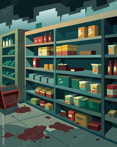 The shelves of an abandoned convenience store still stocked with expired products their wrappers faded and covered in dust.. Vector illustration