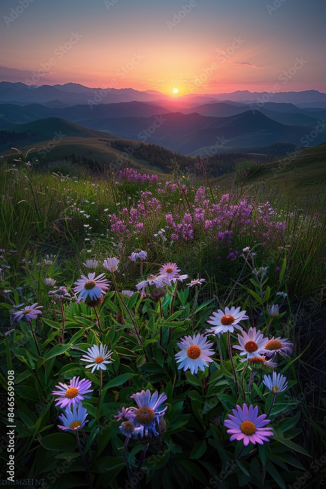 Obraz premium High mountain sunrise and wildflowers