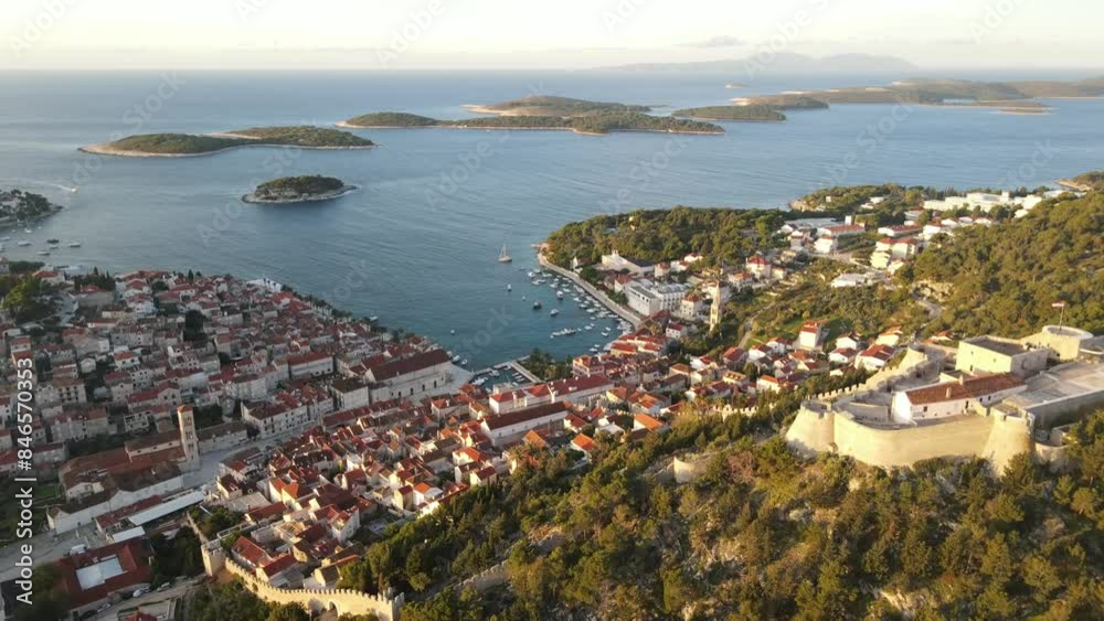 Aerial view of Fortica Fortress and the island and town of Hvar in Croatia Aerial view of Fortica Fortress and the island and town of Hvar in Croatia