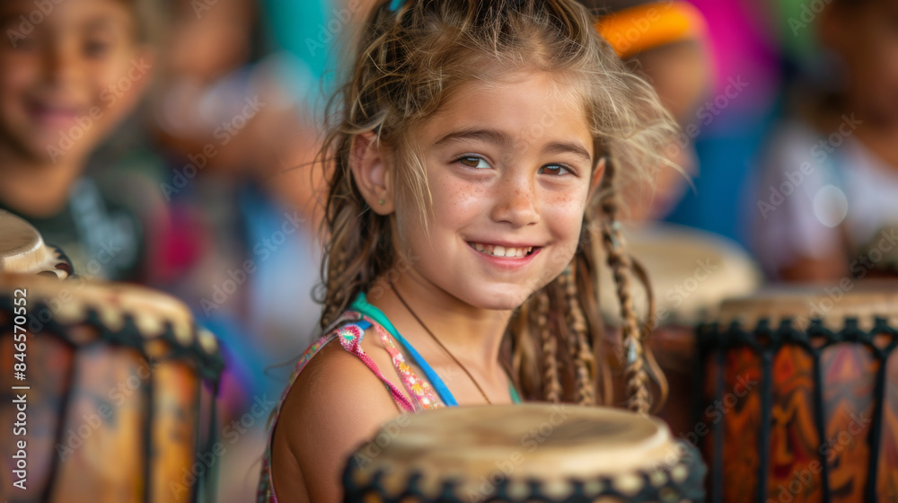 Young girl smiling while playing a drum at a cultural event, surrounded by other children, celebrating music and diversity. Young girl smiling while playing a drum at a cultural event, surrounded by other children, celebrating music and diversity.