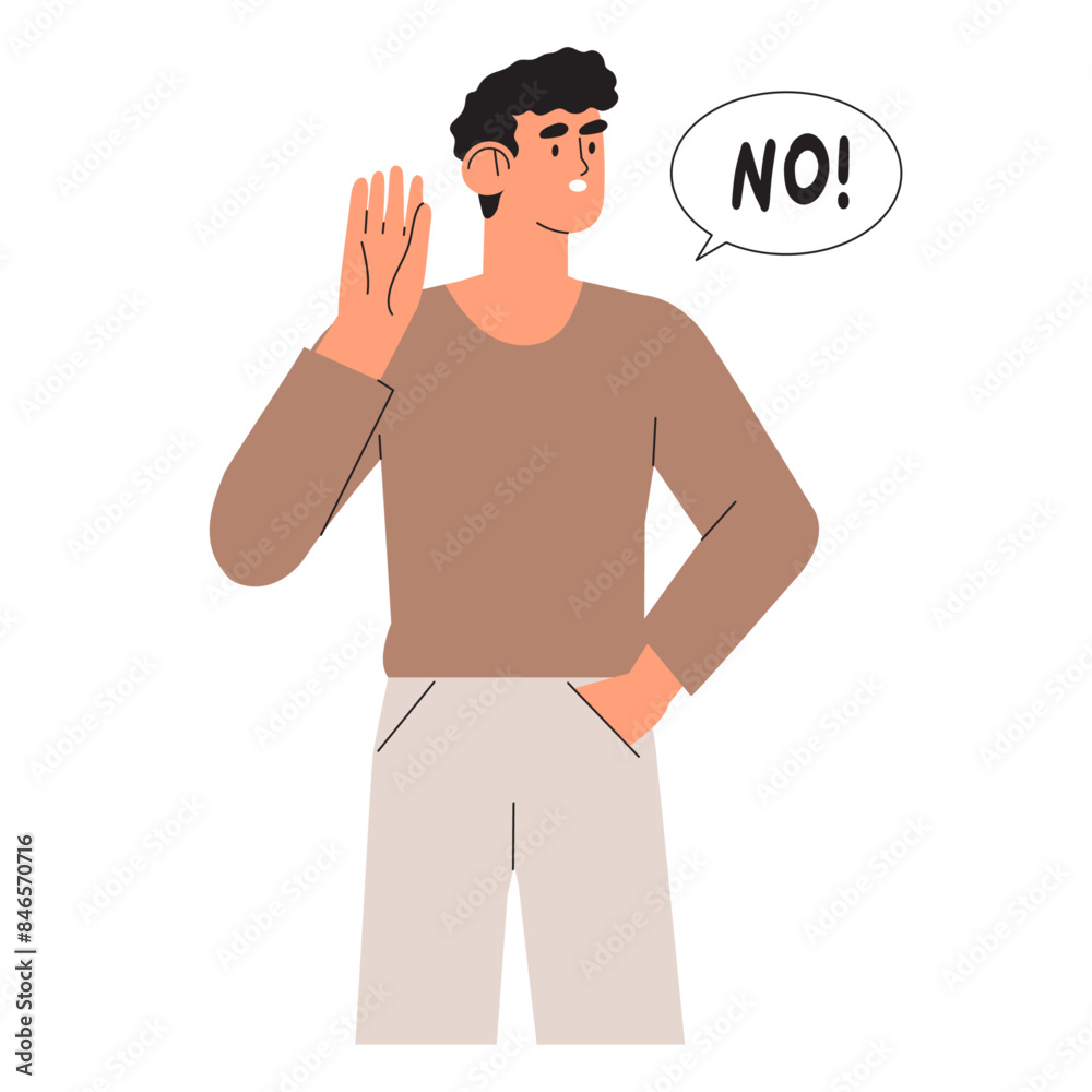 Frowned man with negative face expression saying no, showing denial, ignore or stop gesture concept. Person using non-verbal communication sign. Flat vector illustration isolated on white background Frowned man with negative face expression saying no, showing denial, ignore or stop gesture concept. Person using non-verbal communication sign. Flat vector illustration isolated on white background
