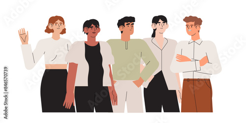 Group of happy cheerful friends stand together. Team support, cooperation of diverse people men, women. United teenage, colleague or employee community, unity. Vector illustration isolated on white.