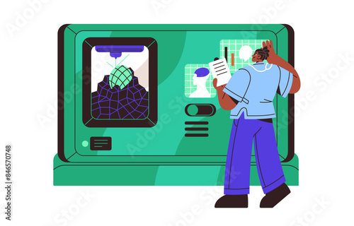 3D printer of creation bio parts, human organs. Production of synthetic brain with medical bioprinter. Printing machine in healthcare engineering. Flat isolated vector illustration on white background