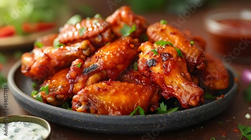A plate of chicken wings with a side of dipping sauce