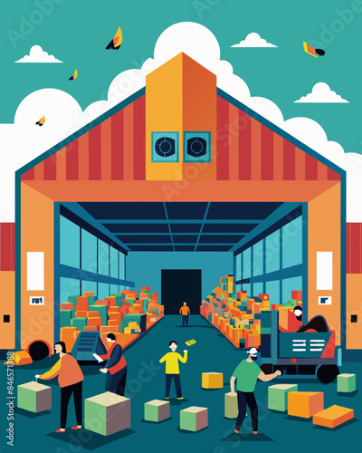 The facilitys large warehouselike building is filled with the sounds of clanking and humming machines as workers diligently sort through waste.. Vector illustration