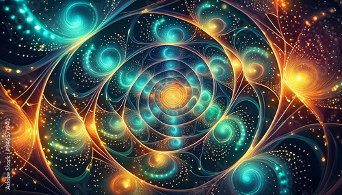 Abstract fractal pattern with vibrant swirling colors and glowing lights..
