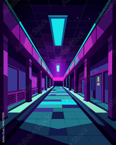 Neon lights flicker in the abandoned mall its once lively corridors now hauntingly quiet.. Vector illustration