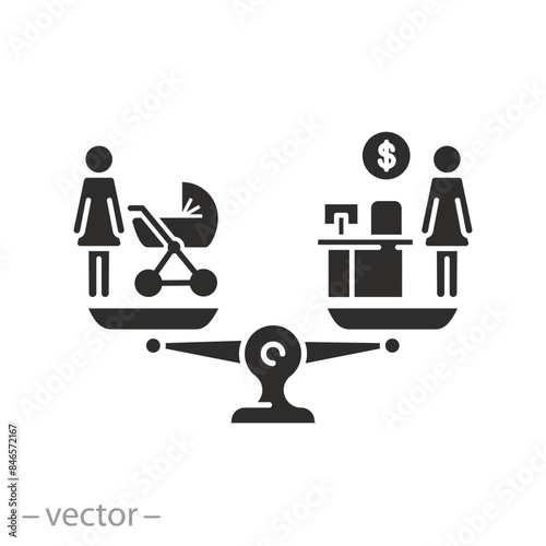 icon choose or compare, balance between work and child, woman  life, comparison mother with business career, flat symbol on white background - vector illustration