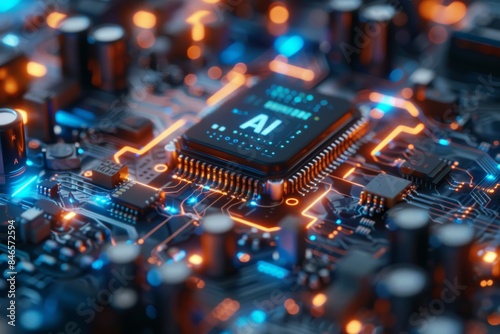 AI microchip with blue and orange circuitry, advanced tech hardware, digital processor design