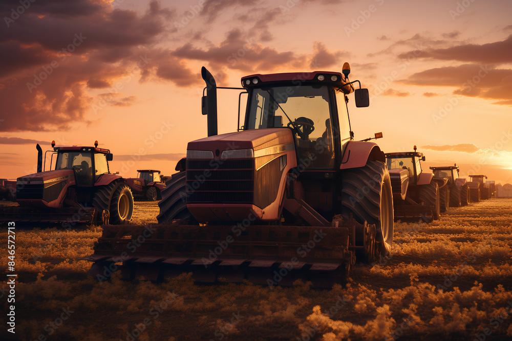 Heavy machinery farming equipment in the field at sunset 