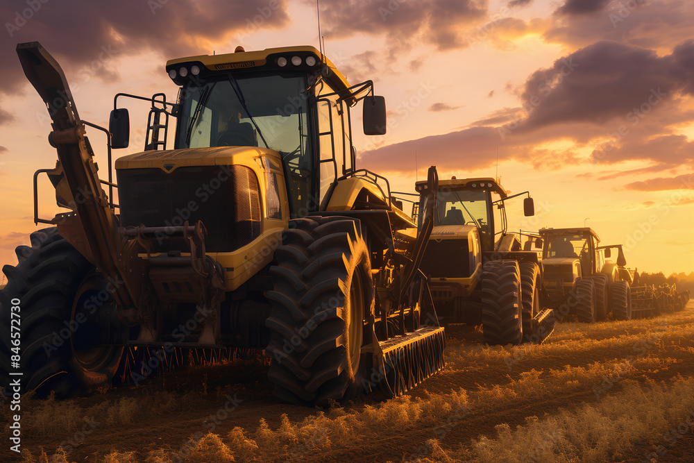 Heavy machinery farming equipment in the field at sunset Heavy machinery farming equipment in the field at sunset