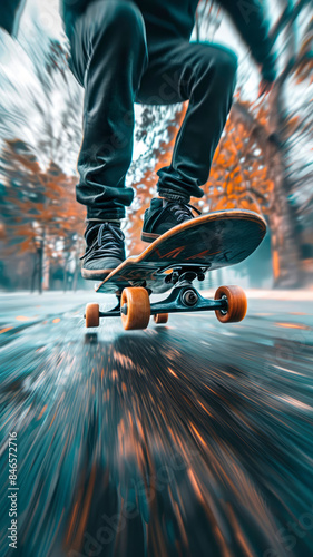 Concrete Adventures in Motion: Skating Through the City Streets with Speed and Agility, Highlighting the Skater's Skill and Passion for the Ride. photo