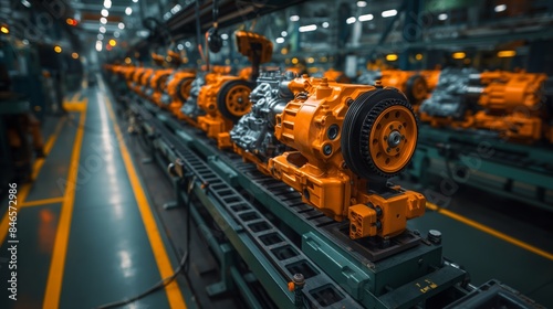 Wallpaper Mural Orange engines on assembly line. Orange engines aligned on a factory assembly line, showcasing the precision and organization in automotive manufacturing. Torontodigital.ca