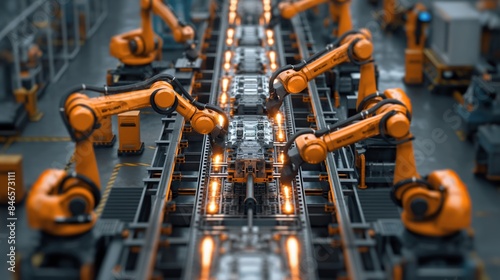 Engine assembly with robotic arms. Robotic arms assembling engines on a production line, emphasizing automation and efficiency in the automotive industry.