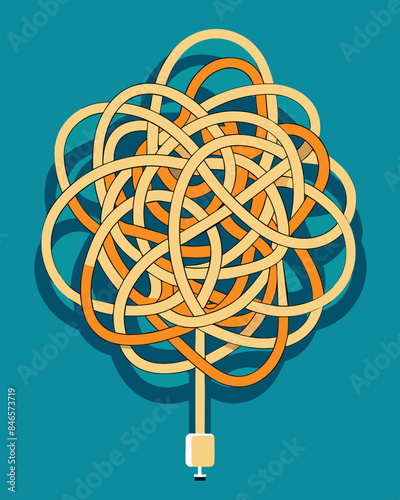 The maze is a chaotic mix of tangled wires representing the overwhelming burden of responsibilities.. Vector illustration