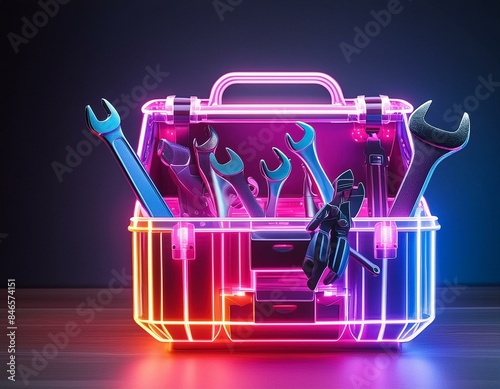 Neon toolbox filled with luminous tools of the trade