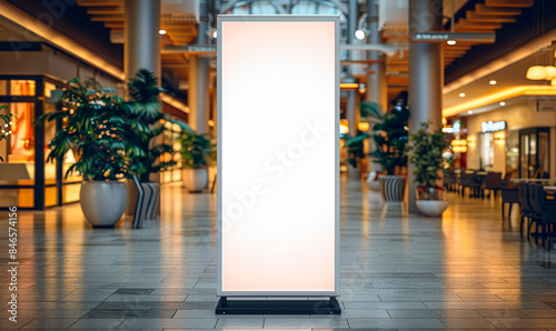 Roll Up Poster Mockup Stand in Shopping Mall Restaurant Interior Blank Empty Copy Space photo