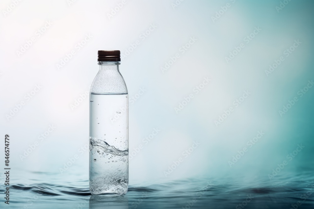 A glass water bottle with splashes and splashes on a light blue background. Copy space, mock up. A glass water bottle with splashes and splashes on a light blue background. Copy space, mock up.