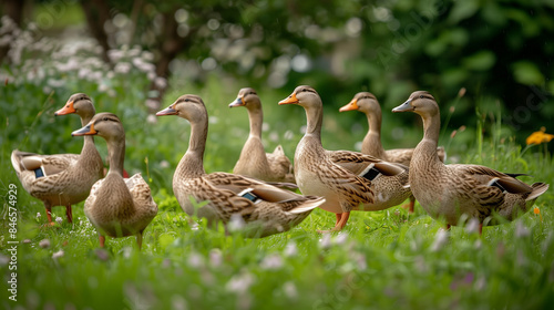 Flock of Indian Runner Ducks in the Garden photo