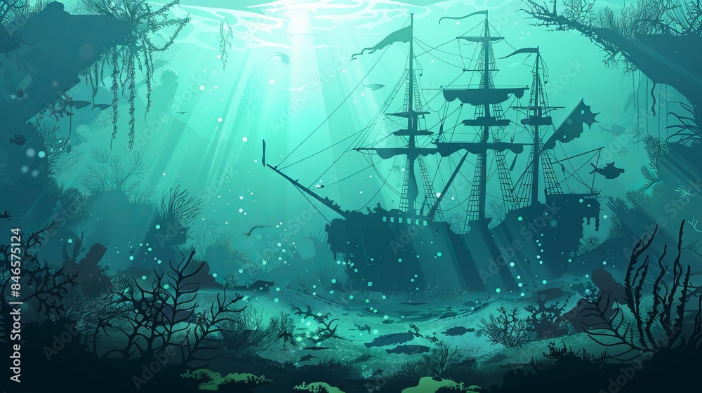 Vector background of an ocean underwater landscape with a sunken ...