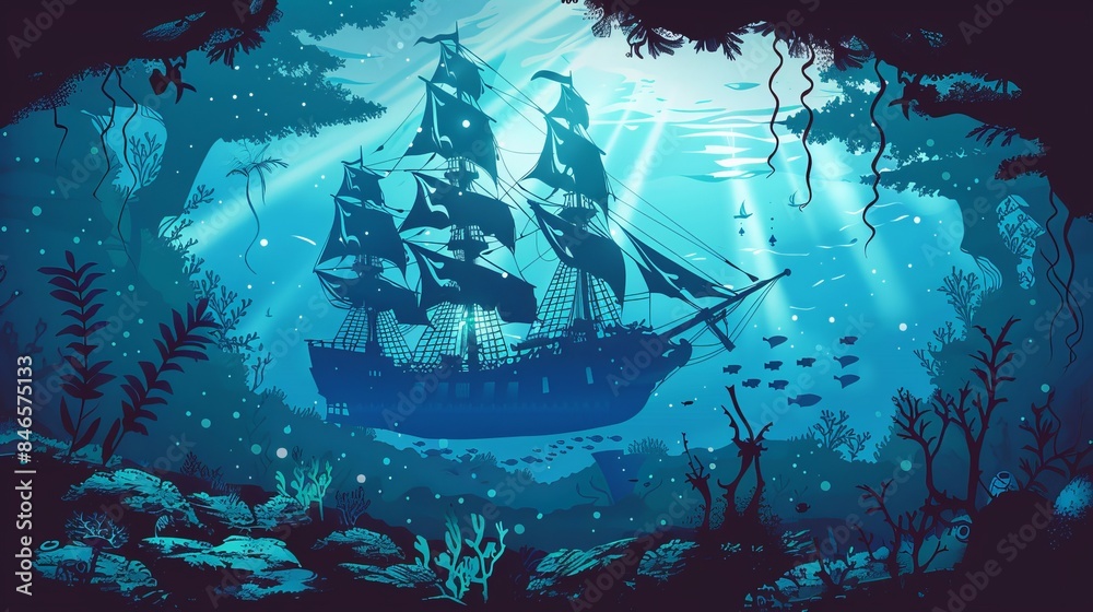 Vector background of an ocean underwater landscape with a sunken ...