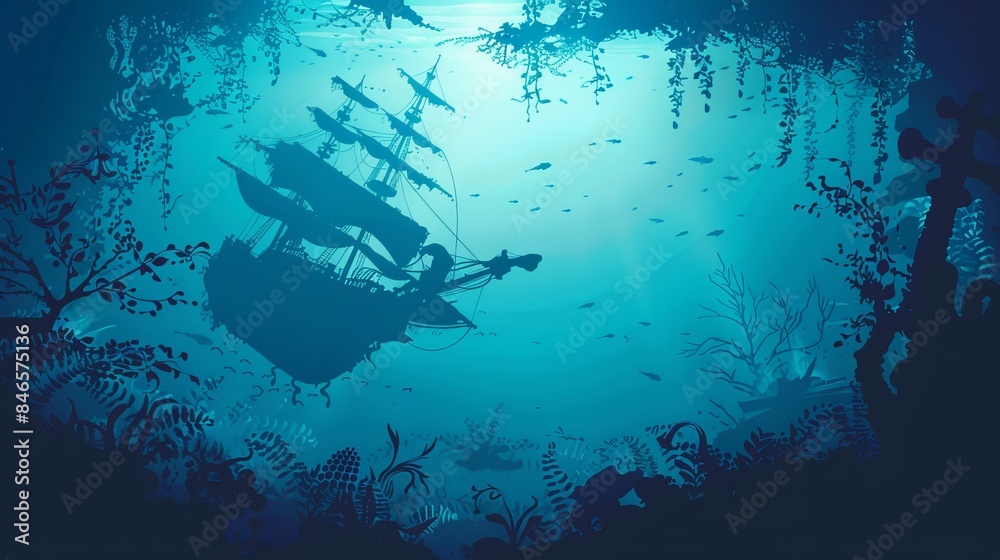 Vector background of an ocean underwater landscape with a sunken ...
