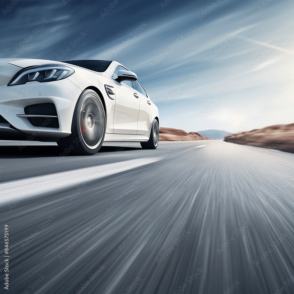 Naklejka premium 3D rendering of a luxury sports car driving on a highway.