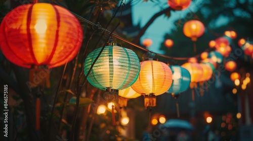 Colorful paper lanterns lighting up a street at dusk, creating a festive and traditional Asian celebration atmosphere. © usman
