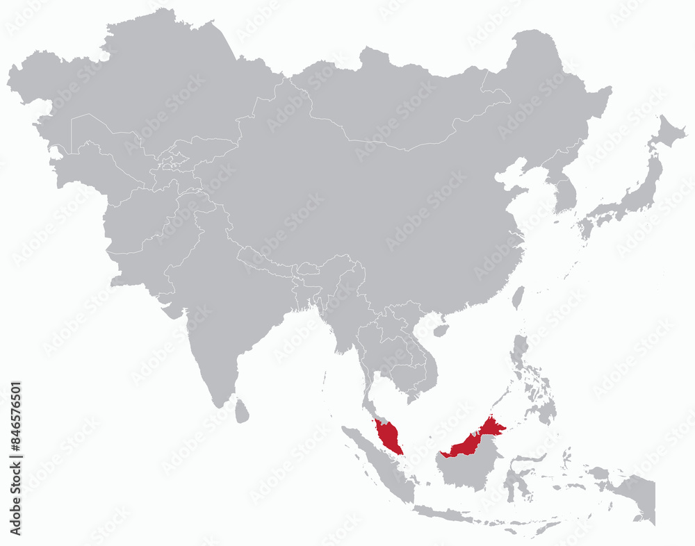 Obraz premium Highlighted red map of MALAYSIA inside grey detailed blank political map of Asia on light blue background, without the Middle East and Russia
