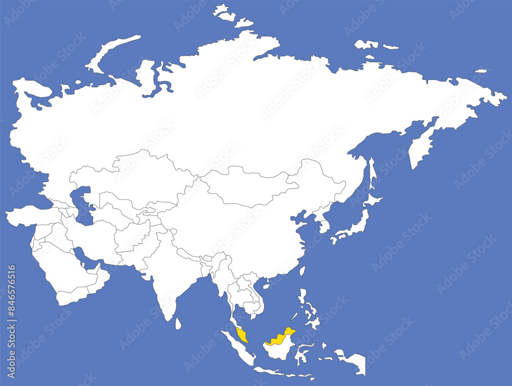 Obraz premium Highlighted yellow map of MALAYSIA inside white political map of Asia using orthographic projection on dark blue background