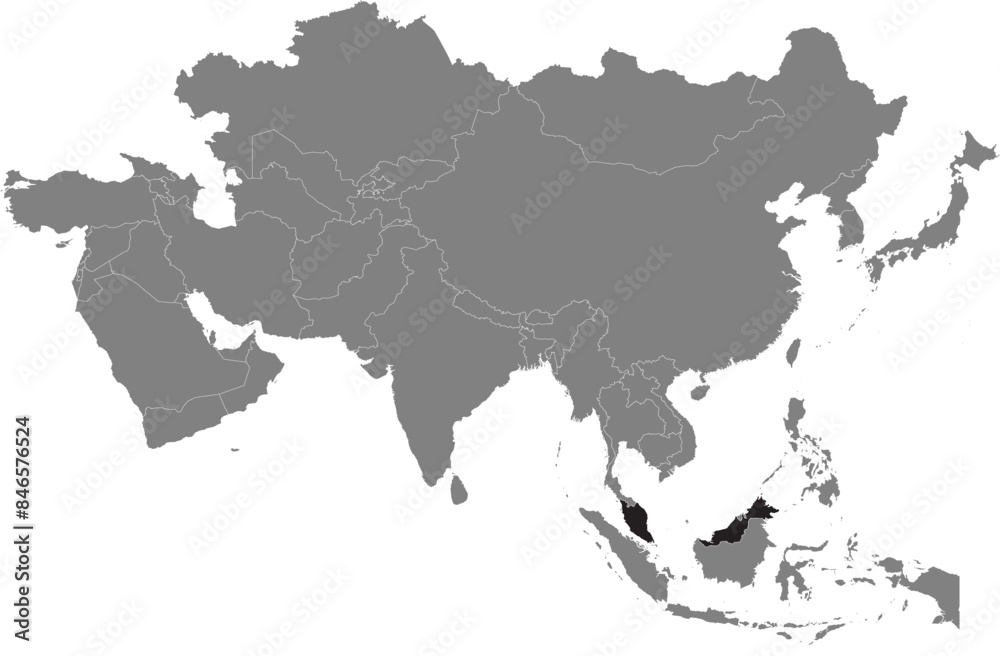 Highlighted black map of MALAYSIA inside dark grey detailed blank political map of Asia using orthographic projection on transparent background, without Russia Highlighted black map of MALAYSIA inside dark grey detailed blank political map of Asia using orthographic projection on transparent background, without Russia