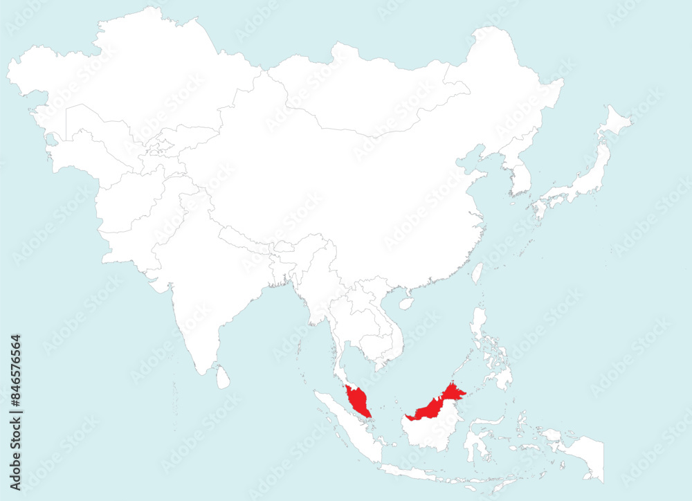 Obraz premium Highlighted red map of MALAYSIA inside white detailed blank political map of Asia on blue background, without the Middle East and Russia