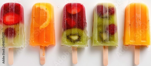 Five mixed fruit popsicles on a white backdrop