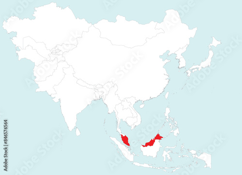 Highlighted red map of MALAYSIA inside white detailed blank political map of Asia on blue background, without the Middle East and Russia
