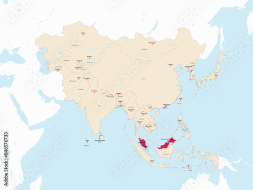 Highlighted red map of MALAYSIA inside light red detailed political map of Asia using orthographic projection on white and blue background