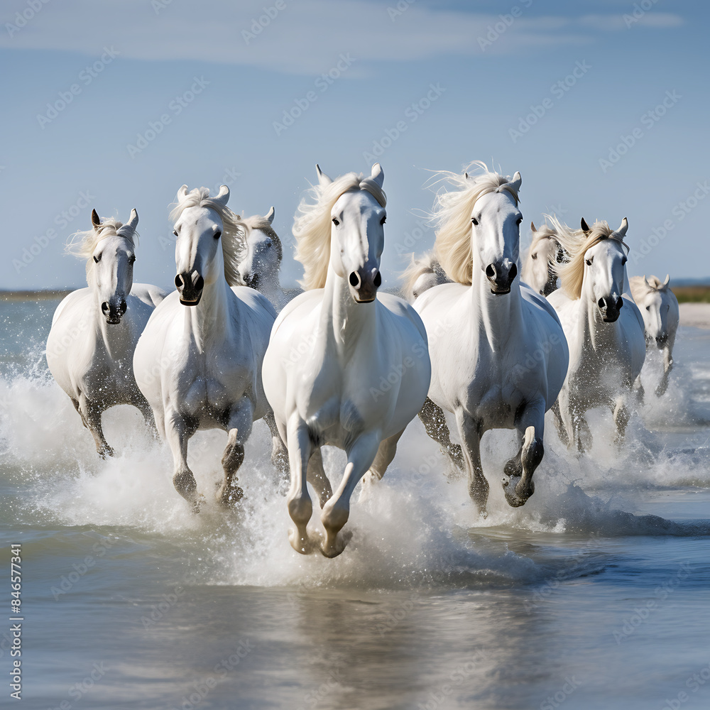 Herd of white Camargue horses running in water, France Herd of white Camargue horses running in water, France