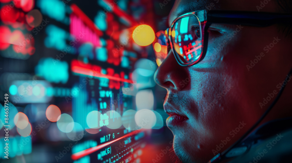 man with eyeglasses in front of a digital stock market screen. man with eyeglasses in front of a digital stock market screen.
