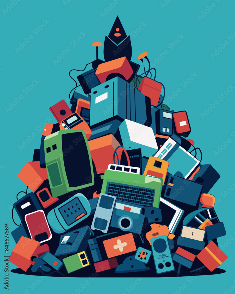 The ewaste pile stretches up and away from me a vast haphazard landscape of wires devices and components each with its own story of obsolescence and neglect.. Vector illustration The ewaste pile stretches up and away from me a vast haphazard landscape of wires devices and components each with its own story of obsolescence and neglect.. Vector illustration