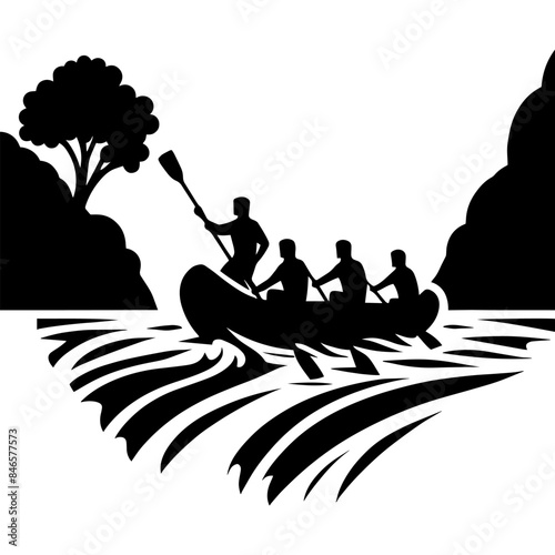 Rafting team on river silhouette clip art. vector illustration