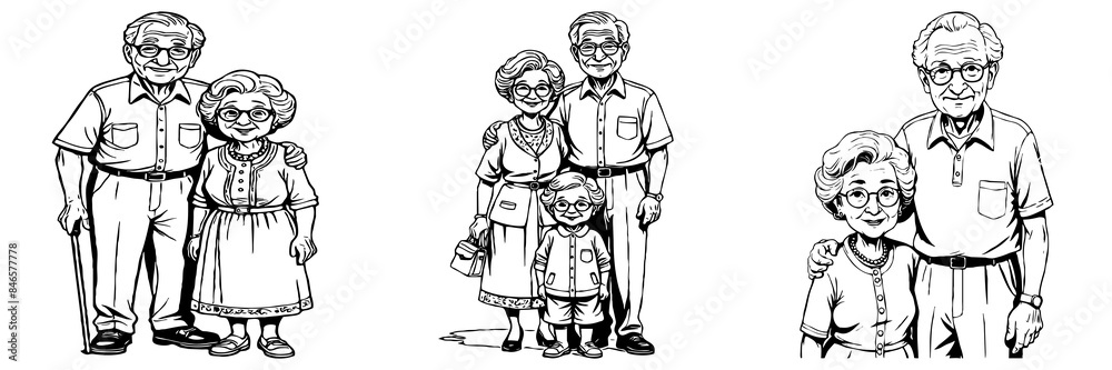 Grandma and Grandpa . Fictional Characters. Black and White Cartoon. Design for greeting cards. Generated by Ai Grandma and Grandpa . Fictional Characters. Black and White Cartoon. Design for greeting cards. Generated by Ai