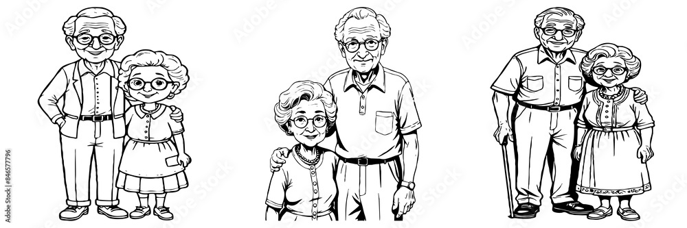 Fototapeta premium Grandma and Grandpa . Fictional Characters. Black and White Cartoon. Design for greeting cards. Generated by Ai