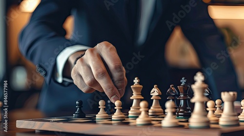 Business leader makes strategic decisions to drive sales. Man in business suit, chess, looking for opportunity, tactics, thinking through, analysis, acting in advance. Generative by AI