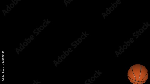 Basketball flying after a shot and bouncing off the bottom of the screen on transparent background. 4K animation with alpha channel