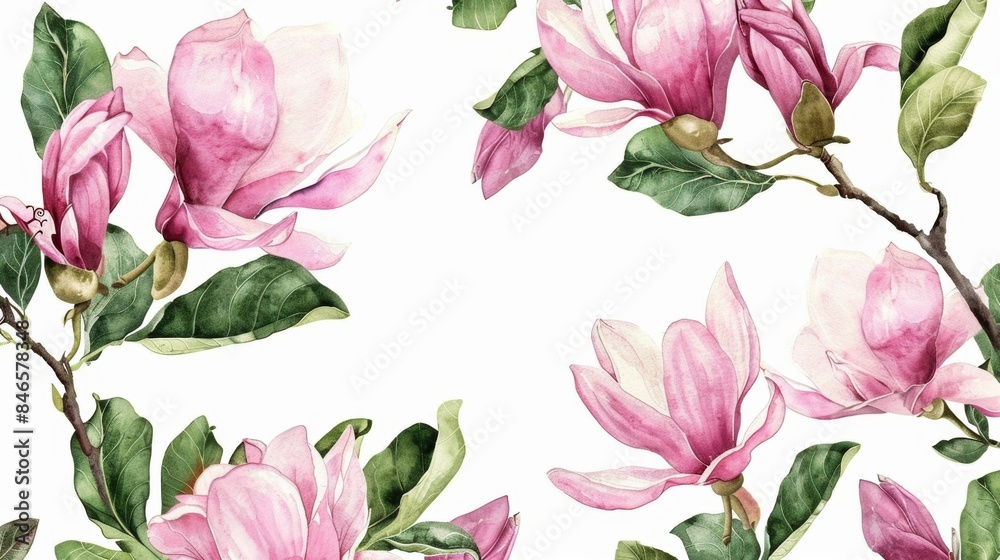 Magnolia blossoms and green leaves watercolor Magnolia blossoms and green leaves watercolor